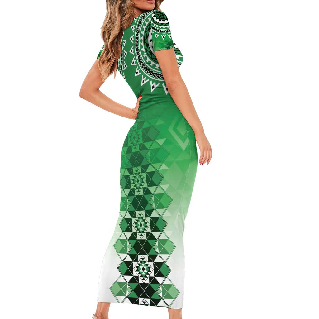 New Zealand Short Sleeve Bodycon Dress Poutama Mix Green Taniko Inspired Art LT05
