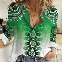 New Zealand Women Casual Shirt Poutama Mix Green Taniko Inspired Art LT05