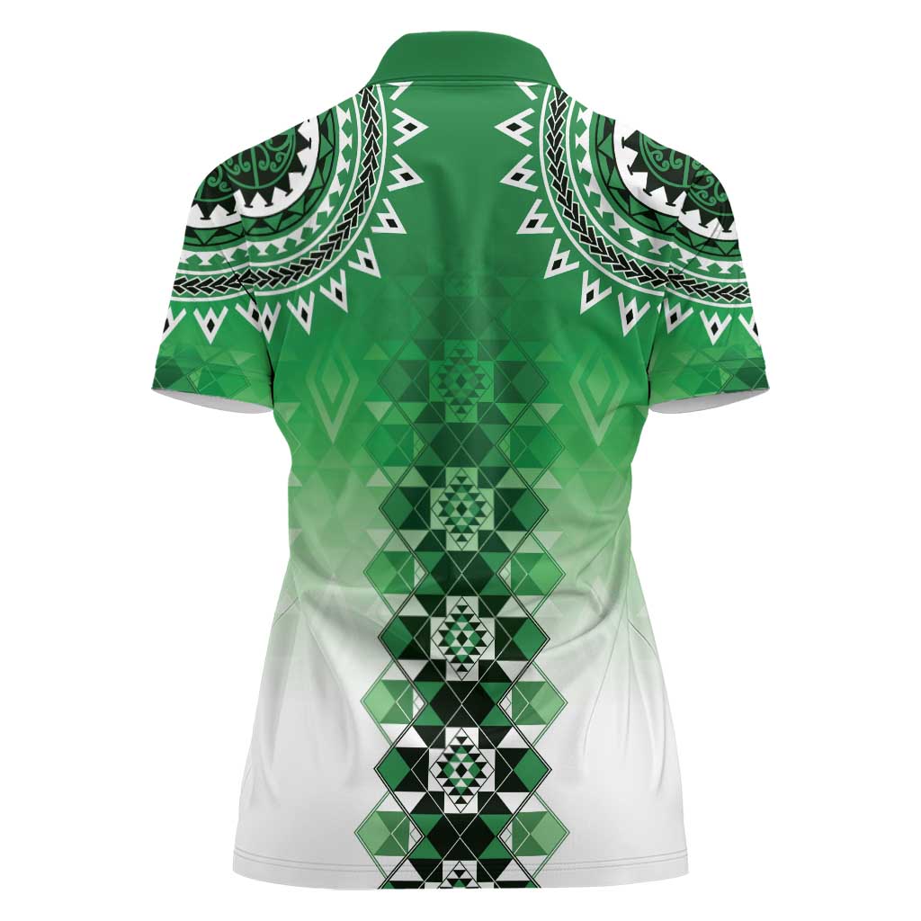 New Zealand Women Polo Shirt Poutama Mix Green Taniko Inspired Art LT05