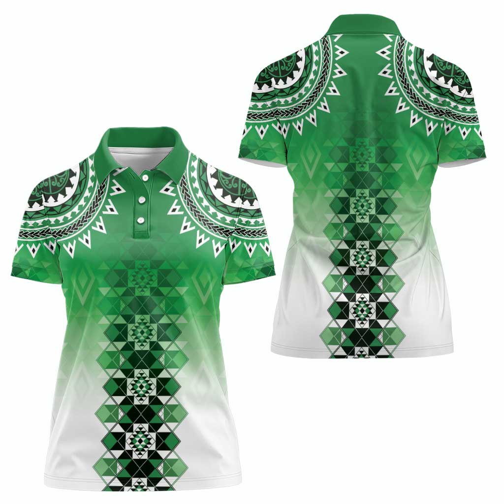 New Zealand Women Polo Shirt Poutama Mix Green Taniko Inspired Art LT05