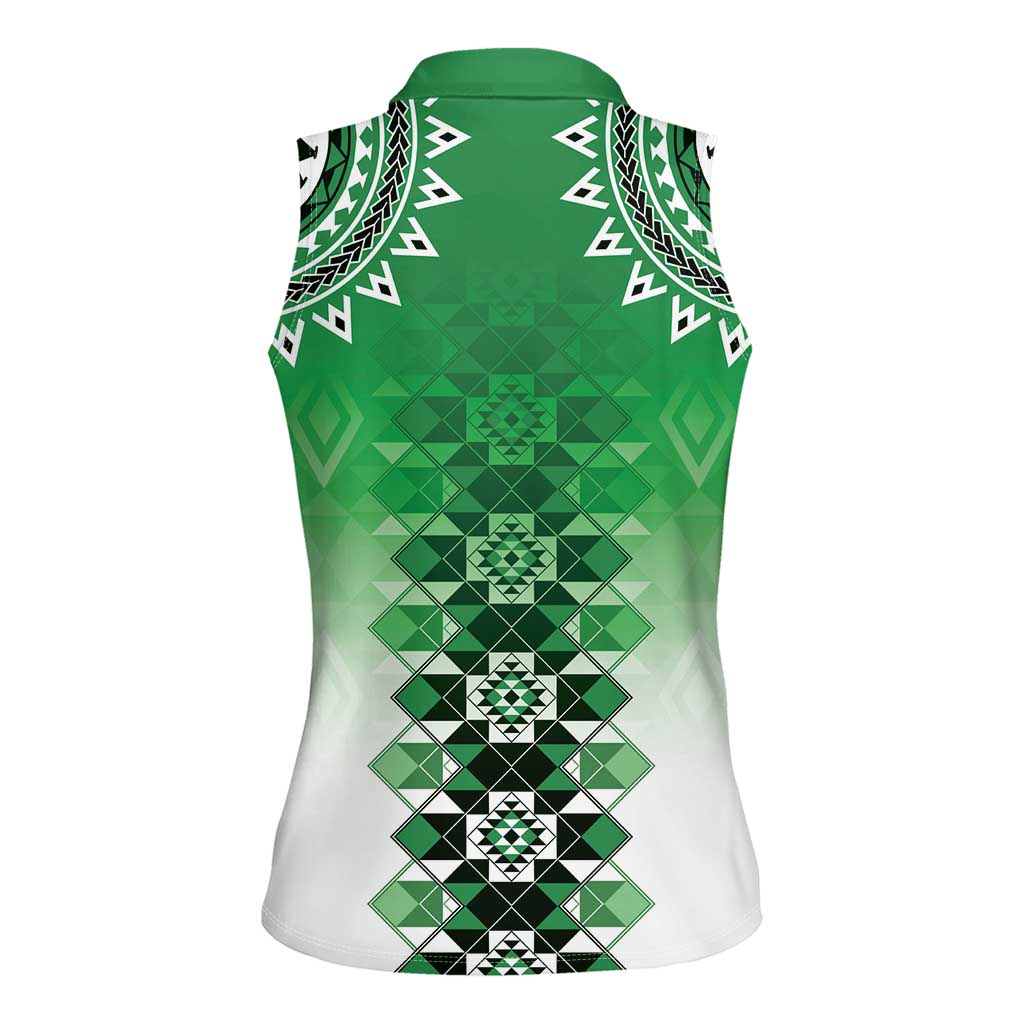 New Zealand Women Sleeveless Polo Shirt Poutama Mix Green Taniko Inspired Art LT05 - Polynesian Pride