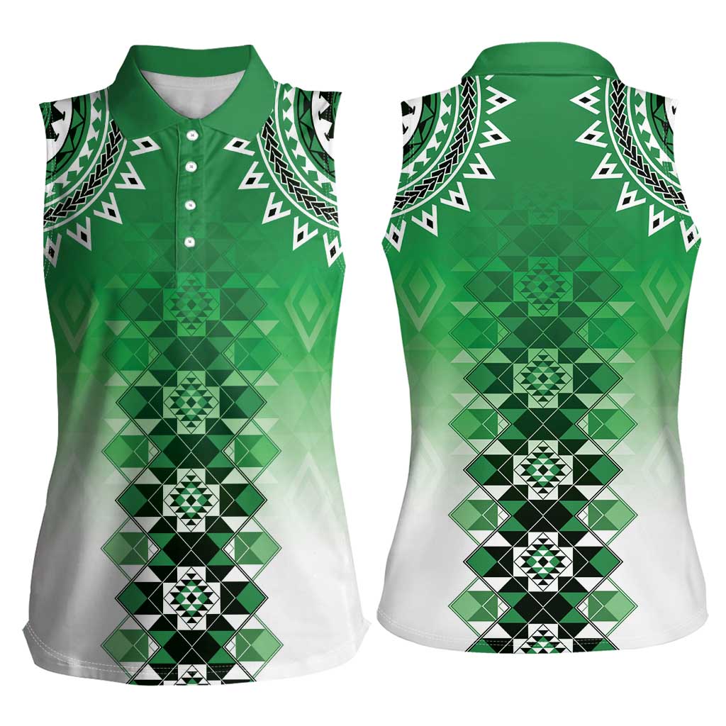 New Zealand Women Sleeveless Polo Shirt Poutama Mix Green Taniko Inspired Art LT05 - Polynesian Pride
