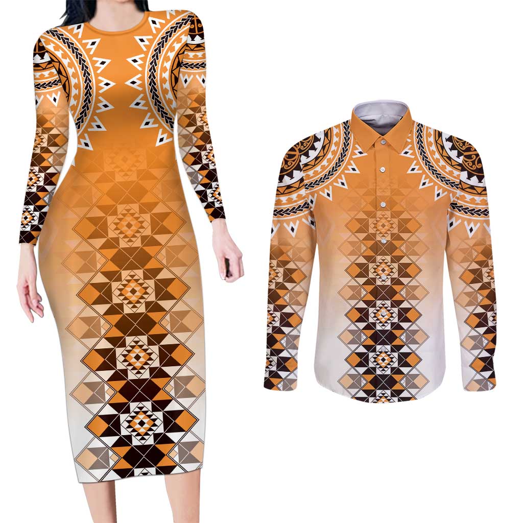 New Zealand Couples Matching Long Sleeve Bodycon Dress and Long Sleeve Button Shirt Poutama Mix Orange Taniko Inspired Art LT05