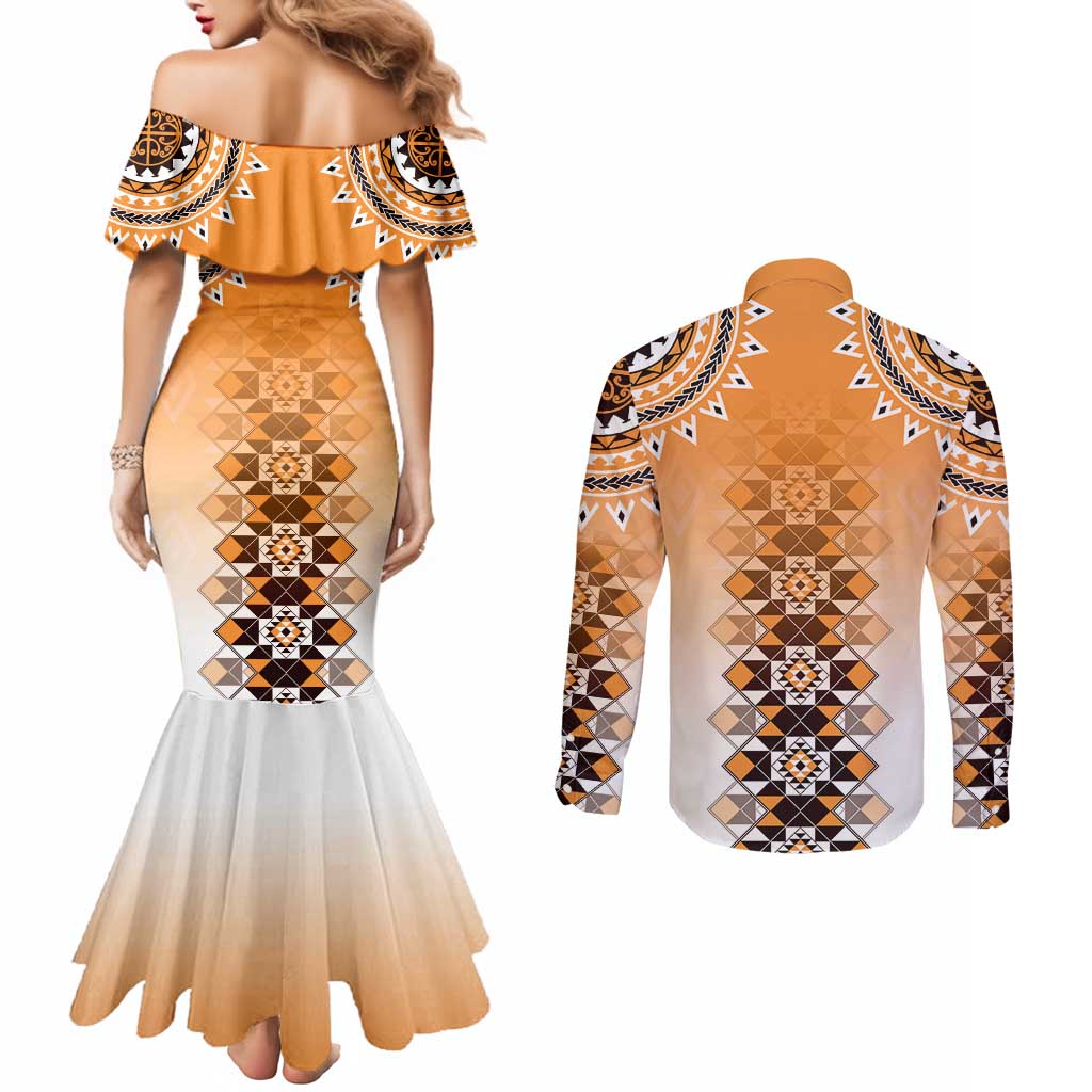 New Zealand Couples Matching Mermaid Dress and Long Sleeve Button Shirt Poutama Mix Orange Taniko Inspired Art LT05