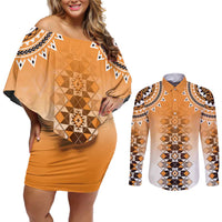New Zealand Couples Matching Off Shoulder Short Dress and Long Sleeve Button Shirt Poutama Mix Orange Taniko Inspired Art LT05