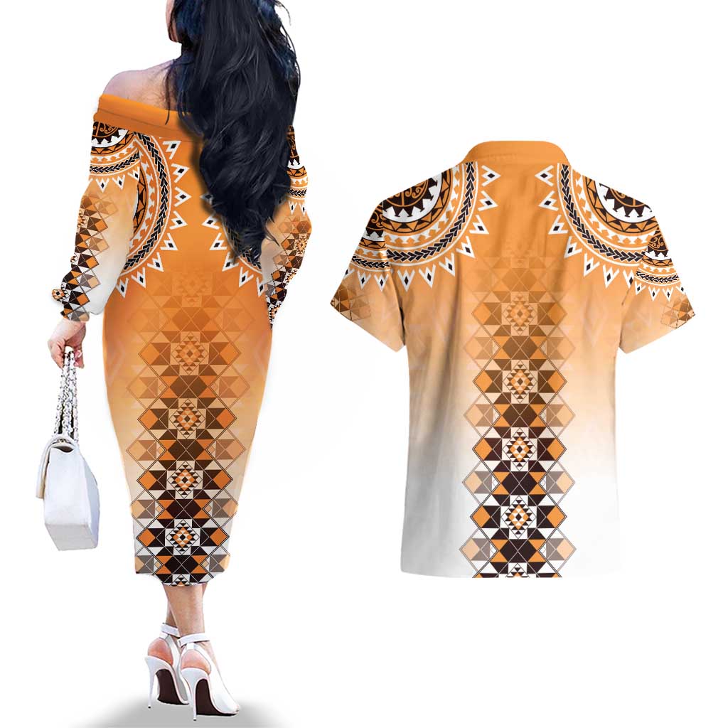 New Zealand Couples Matching Off The Shoulder Long Sleeve Dress and Hawaiian Shirt Poutama Mix Orange Taniko Inspired Art LT05