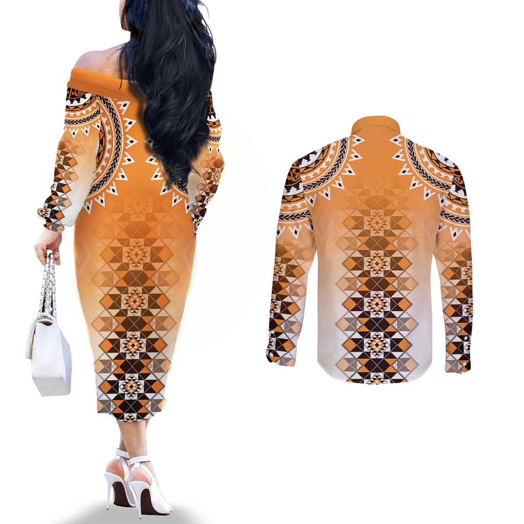 New Zealand Couples Matching Off The Shoulder Long Sleeve Dress and Long Sleeve Button Shirt Poutama Mix Orange Taniko Inspired Art LT05