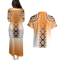 New Zealand Couples Matching Puletasi and Hawaiian Shirt Poutama Mix Orange Taniko Inspired Art LT05