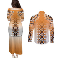 New Zealand Couples Matching Puletasi and Long Sleeve Button Shirt Poutama Mix Orange Taniko Inspired Art LT05