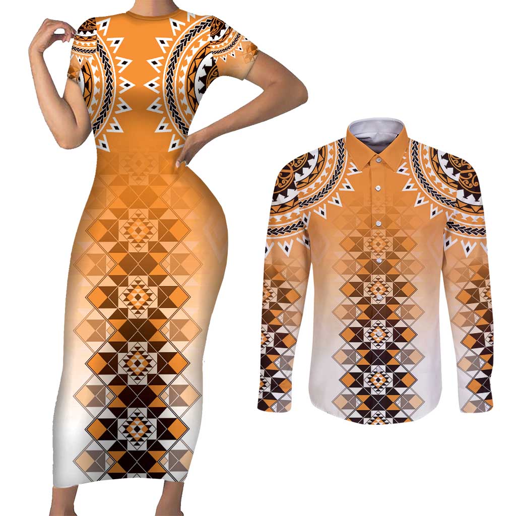New Zealand Couples Matching Short Sleeve Bodycon Dress and Long Sleeve Button Shirt Poutama Mix Orange Taniko Inspired Art LT05