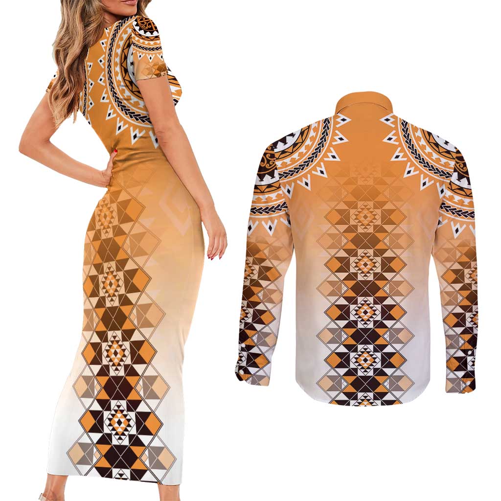 New Zealand Couples Matching Short Sleeve Bodycon Dress and Long Sleeve Button Shirt Poutama Mix Orange Taniko Inspired Art LT05
