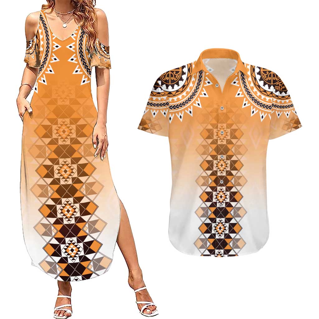 New Zealand Couples Matching Summer Maxi Dress and Hawaiian Shirt Poutama Mix Orange Taniko Inspired Art LT05