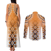 New Zealand Couples Matching Tank Maxi Dress and Long Sleeve Button Shirt Poutama Mix Orange Taniko Inspired Art LT05