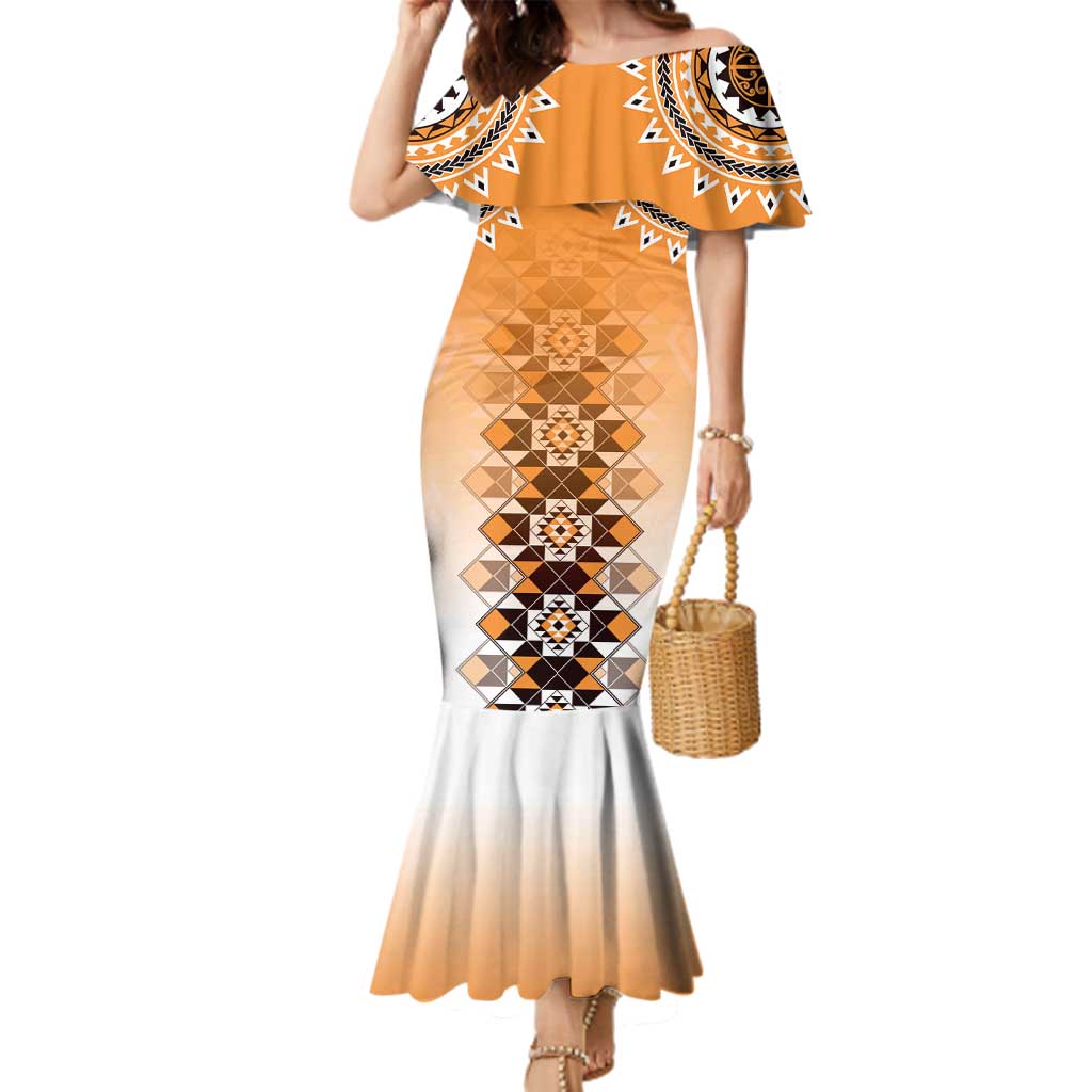 New Zealand Family Matching Mermaid Dress and Hawaiian Shirt Poutama Mix Orange Taniko Inspired Art LT05 Mom's Dress Orange - Polynesian Pride