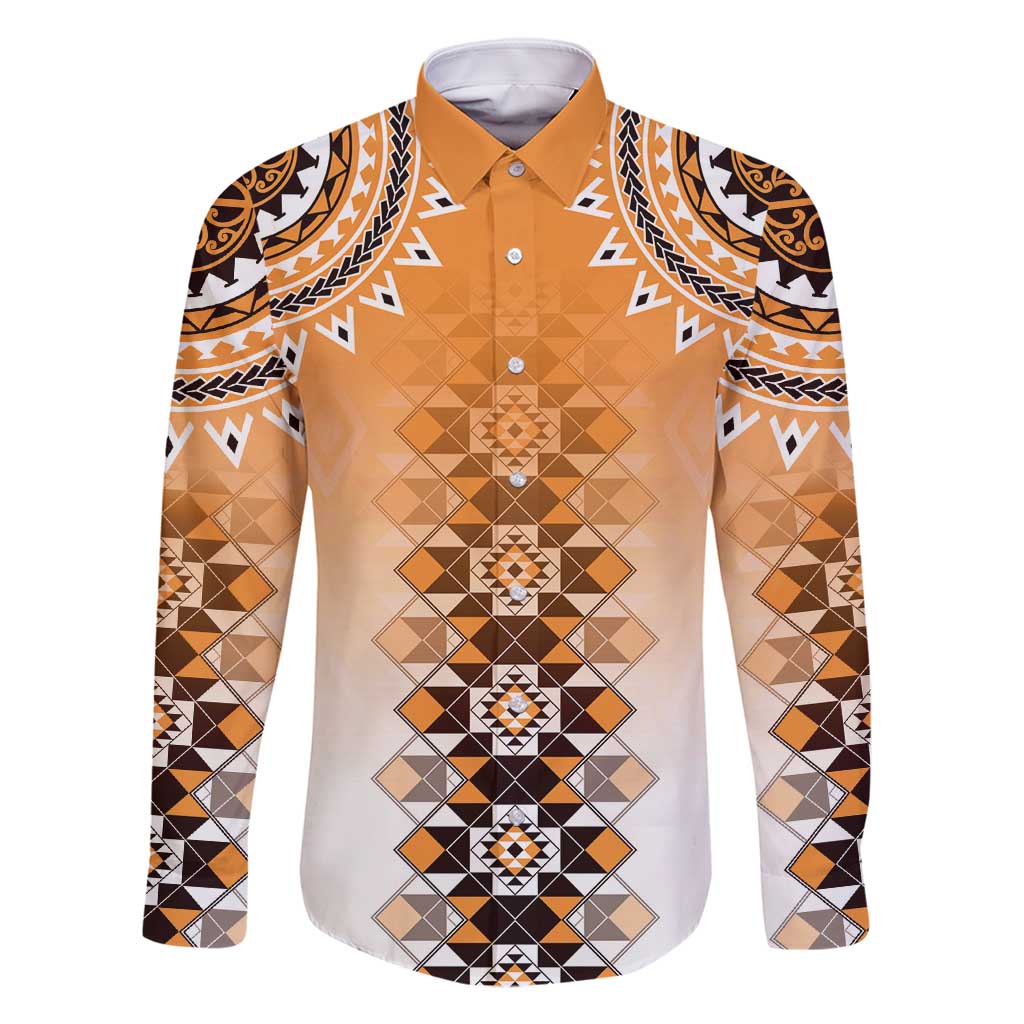New Zealand Family Matching Off Shoulder Maxi Dress and Hawaiian Shirt Poutama Mix Orange Taniko Inspired Art LT05 Dad's Shirt - Long Sleeve Orange - Polynesian Pride