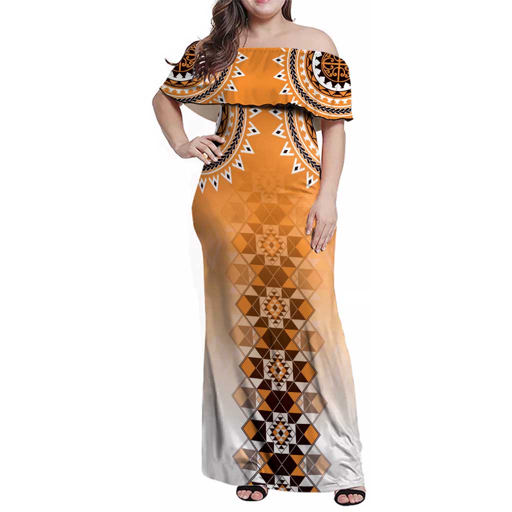 New Zealand Family Matching Off Shoulder Maxi Dress and Hawaiian Shirt Poutama Mix Orange Taniko Inspired Art LT05 Mom's Dress Orange - Polynesian Pride