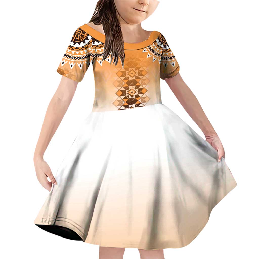 New Zealand Family Matching Off Shoulder Short Dress and Hawaiian Shirt Poutama Mix Orange Taniko Inspired Art LT05 Daughter's Dress Orange - Polynesian Pride