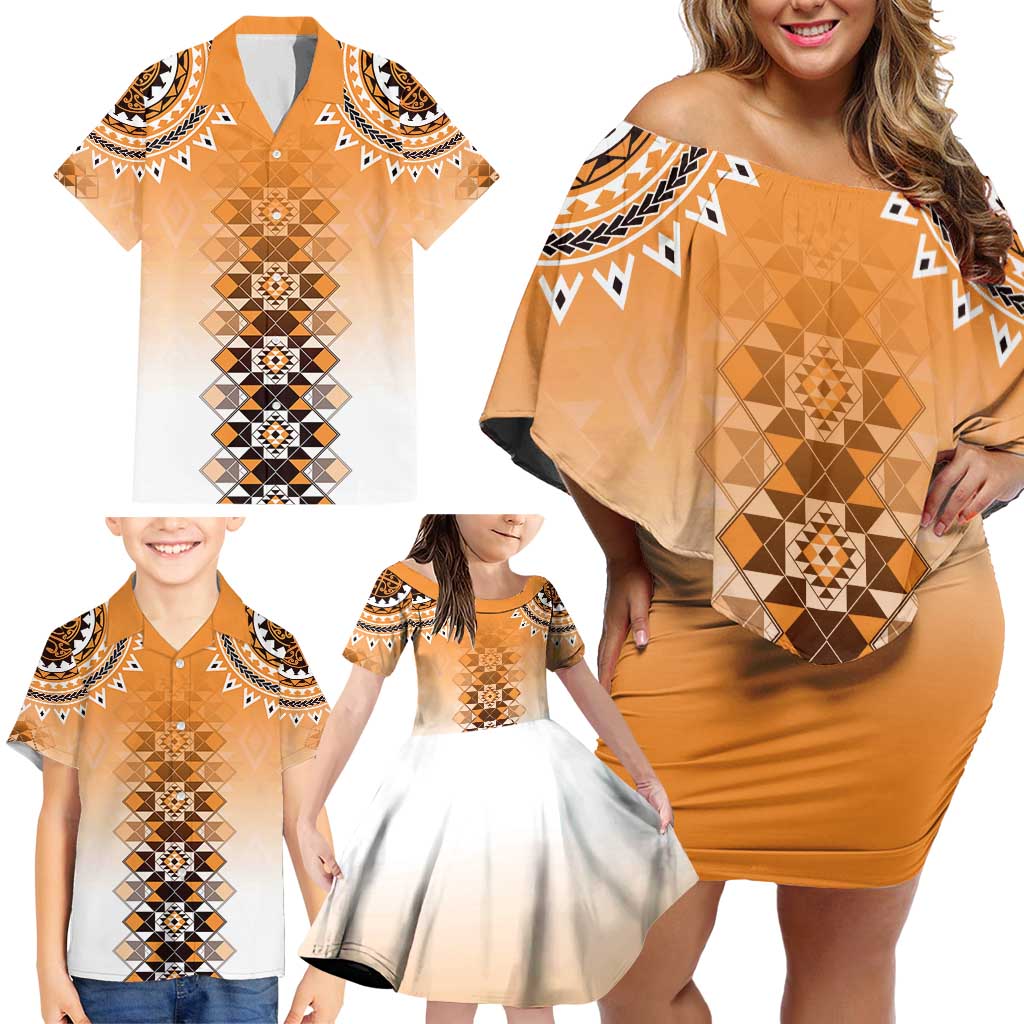 New Zealand Family Matching Off Shoulder Short Dress and Hawaiian Shirt Poutama Mix Orange Taniko Inspired Art LT05 - Polynesian Pride