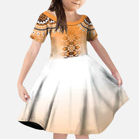 New Zealand Family Matching Summer Maxi Dress and Hawaiian Shirt Poutama Mix Orange Taniko Inspired Art LT05 Daughter's Dress Orange - Polynesian Pride