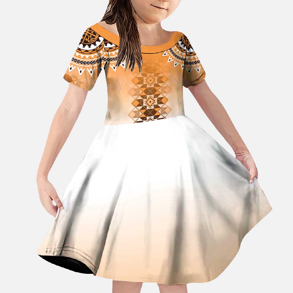 New Zealand Family Matching Tank Maxi Dress and Hawaiian Shirt Poutama Mix Orange Taniko Inspired Art LT05 Daughter's Dress Orange - Polynesian Pride