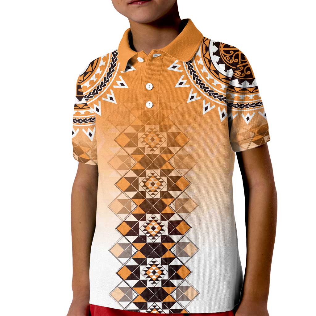 New Zealand Kid Polo Shirt Poutama Mix Orange Taniko Inspired Art LT05 Kid Orange - Polynesian Pride