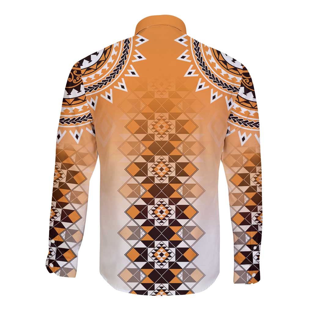 New Zealand Long Sleeve Button Shirt Poutama Mix Orange Taniko Inspired Art LT05