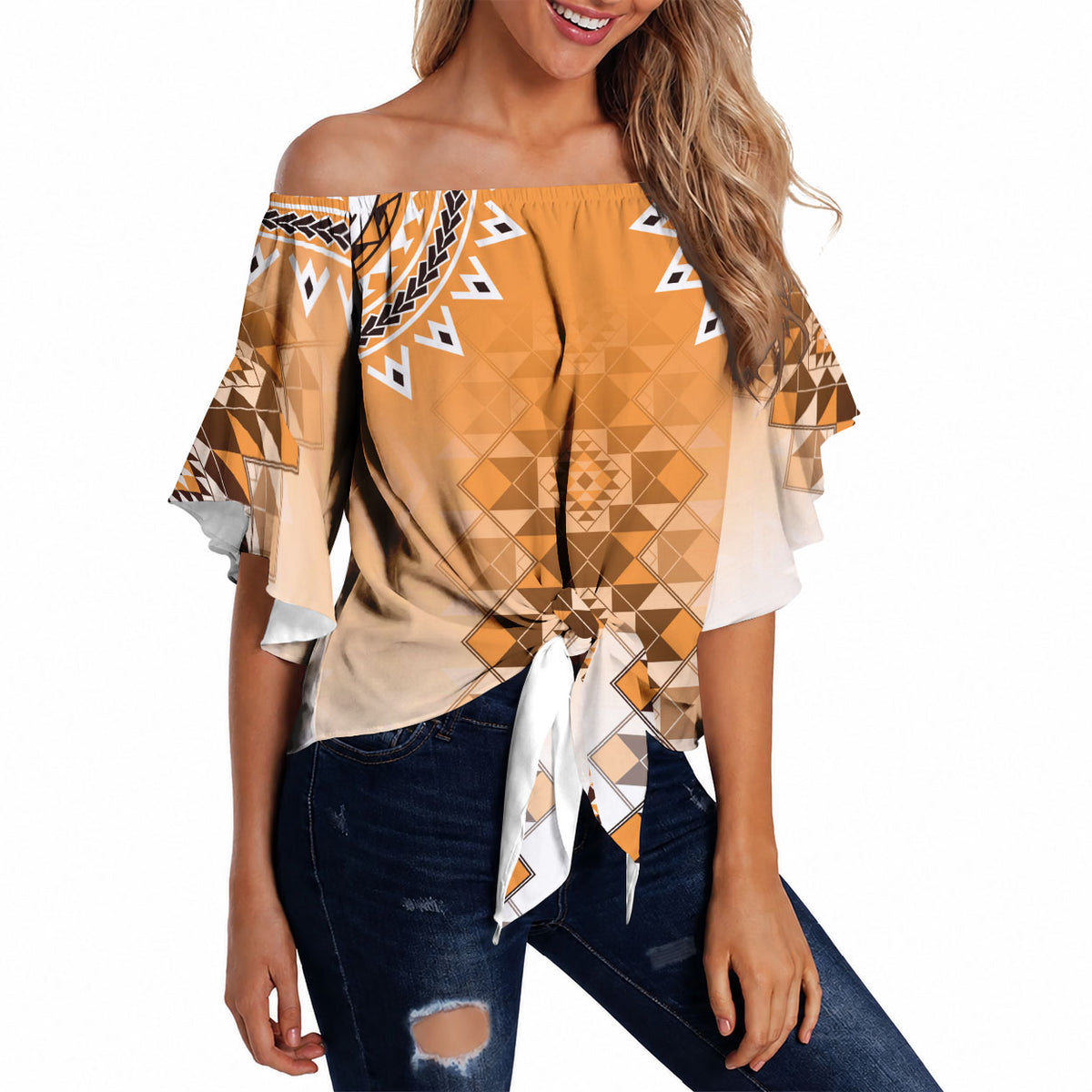 New Zealand Off Shoulder Wrap Waist Top Poutama Mix Orange Taniko Inspired Art LT05 - Polynesian Pride