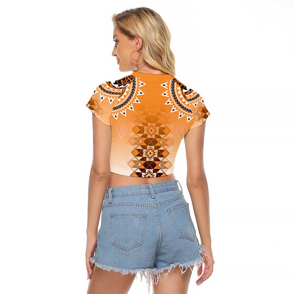 New Zealand Raglan Cropped T Shirt Poutama Mix Orange Taniko Inspired Art LT05 - Polynesian Pride