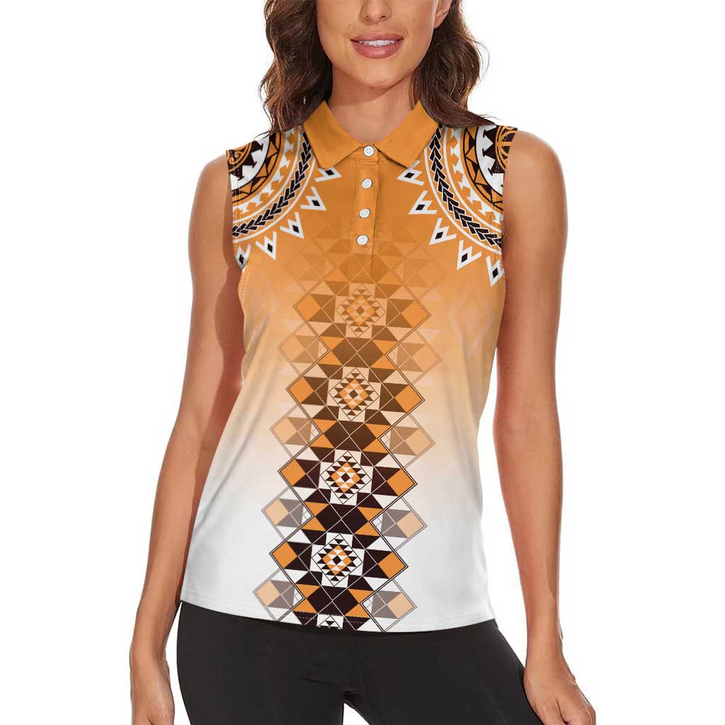 New Zealand Women Sleeveless Polo Shirt Poutama Mix Orange Taniko Inspired Art LT05
