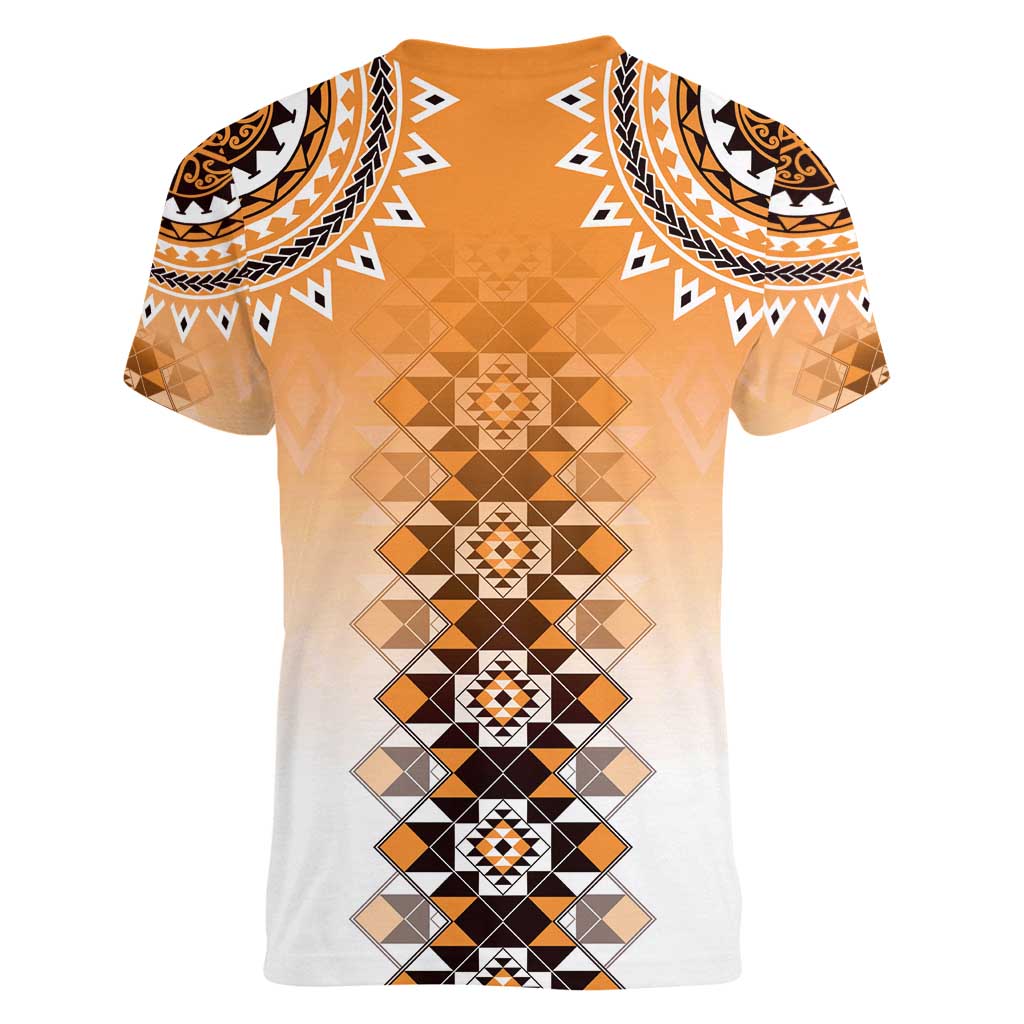 New Zealand Women V-Neck T-Shirt Poutama Mix Orange Taniko Inspired Art LT05