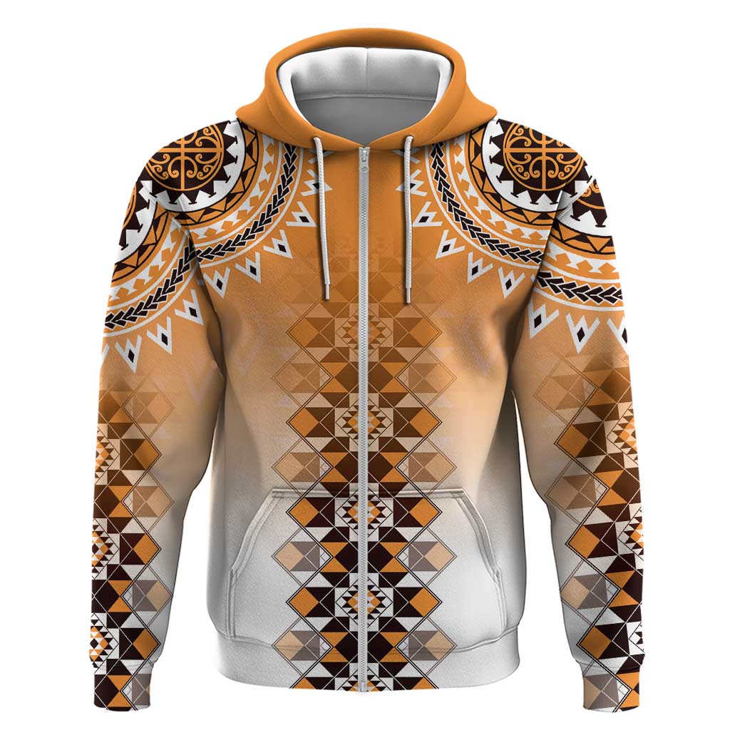 New Zealand Zip Hoodie Poutama Mix Orange Taniko Inspired Art LT05