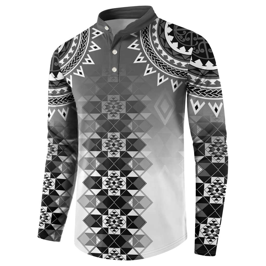 New Zealand Button Sweatshirt Poutama Mix Gray Taniko Inspired Art LT05