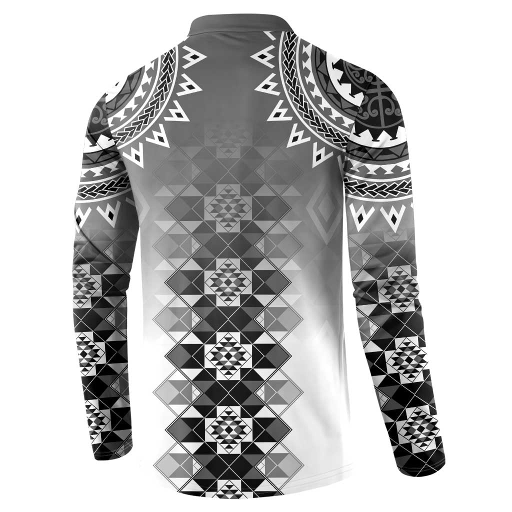 New Zealand Button Sweatshirt Poutama Mix Gray Taniko Inspired Art LT05