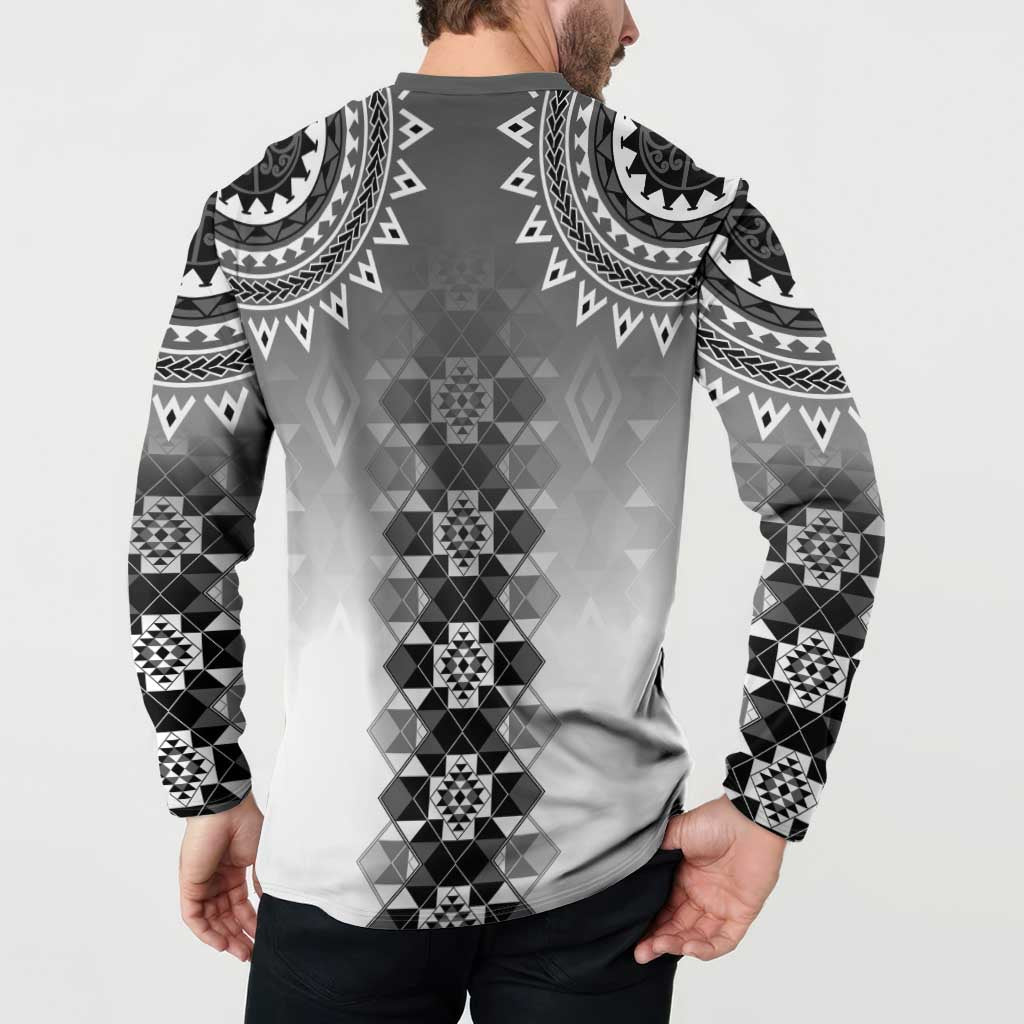 New Zealand Button Sweatshirt Poutama Mix Gray Taniko Inspired Art LT05