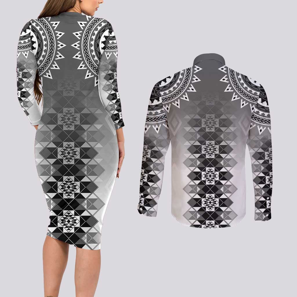 New Zealand Couples Matching Long Sleeve Bodycon Dress and Long Sleeve Button Shirt Poutama Mix Gray Taniko Inspired Art LT05