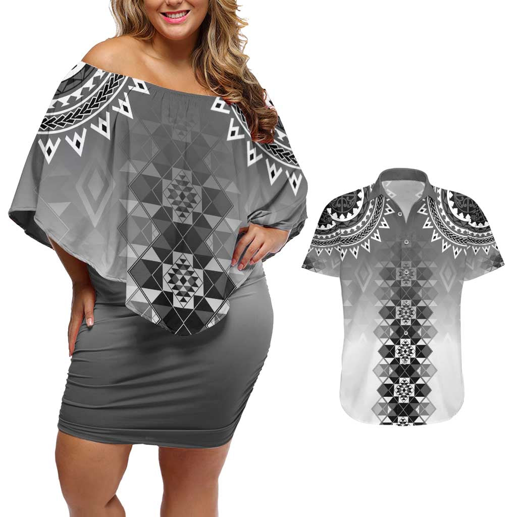 New Zealand Couples Matching Off Shoulder Short Dress and Hawaiian Shirt Poutama Mix Gray Taniko Inspired Art LT05