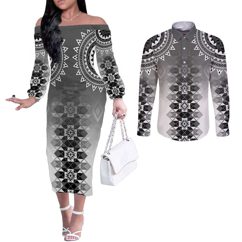 New Zealand Couples Matching Off The Shoulder Long Sleeve Dress and Long Sleeve Button Shirt Poutama Mix Gray Taniko Inspired Art LT05