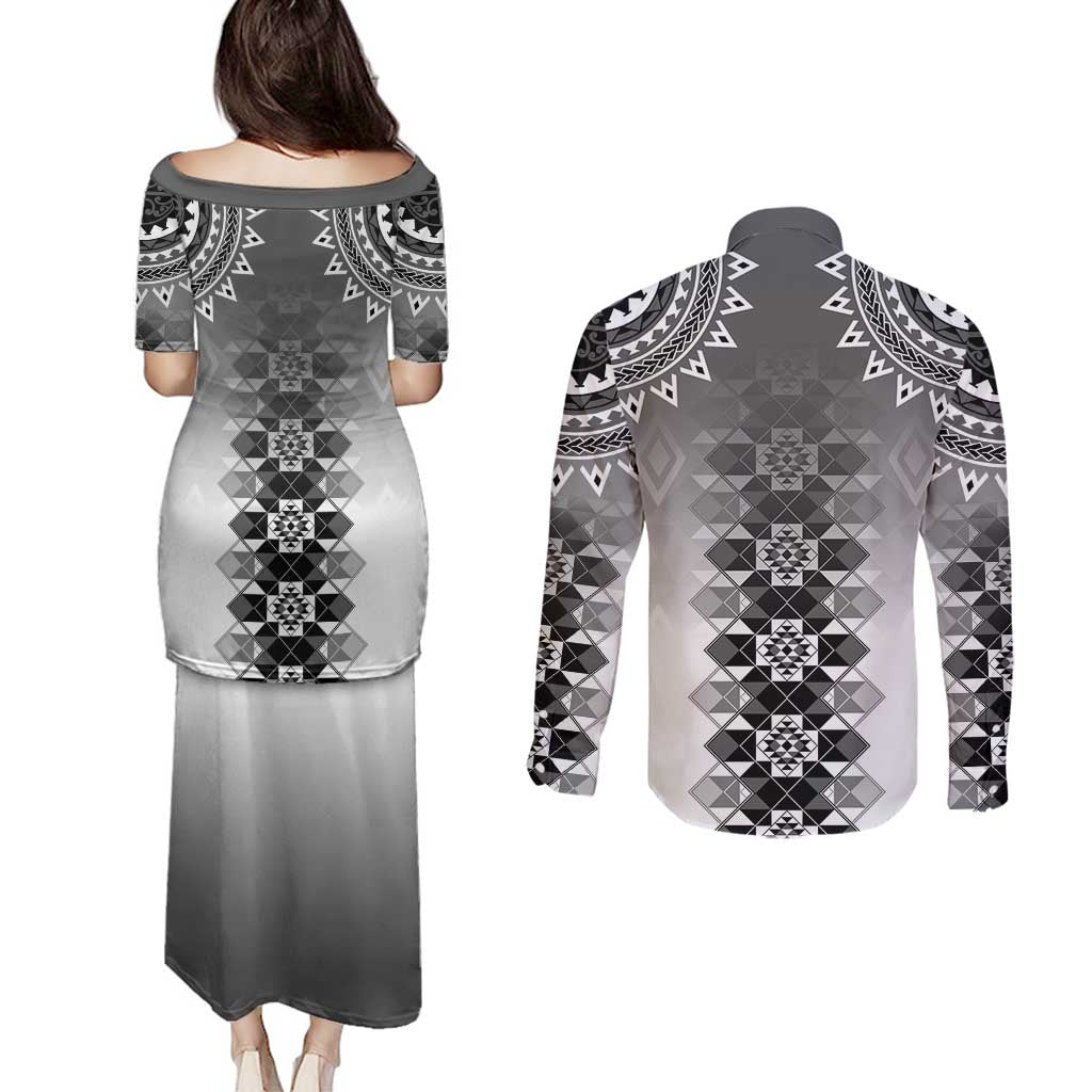 New Zealand Couples Matching Puletasi and Long Sleeve Button Shirt Poutama Mix Gray Taniko Inspired Art LT05