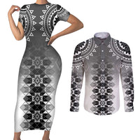 New Zealand Couples Matching Short Sleeve Bodycon Dress and Long Sleeve Button Shirt Poutama Mix Gray Taniko Inspired Art LT05