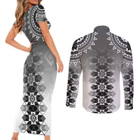 New Zealand Couples Matching Short Sleeve Bodycon Dress and Long Sleeve Button Shirt Poutama Mix Gray Taniko Inspired Art LT05