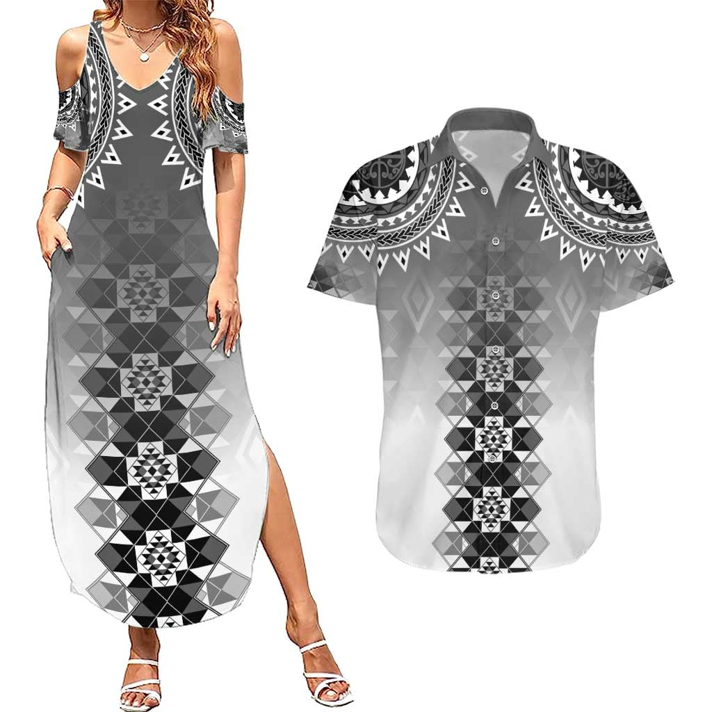 New Zealand Couples Matching Summer Maxi Dress and Hawaiian Shirt Poutama Mix Gray Taniko Inspired Art LT05