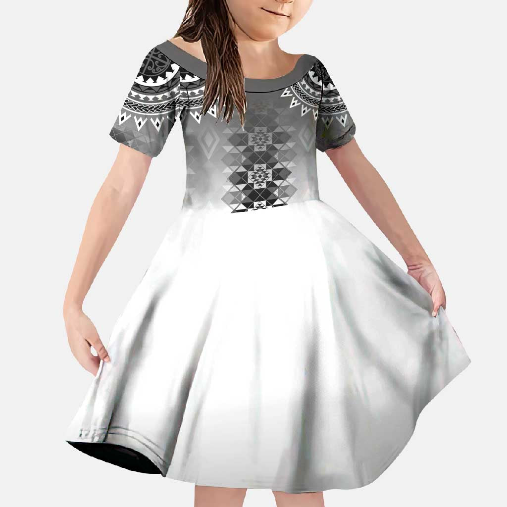 New Zealand Family Matching Mermaid Dress and Hawaiian Shirt Poutama Mix Gray Taniko Inspired Art LT05 Daughter's Dress Gray - Polynesian Pride