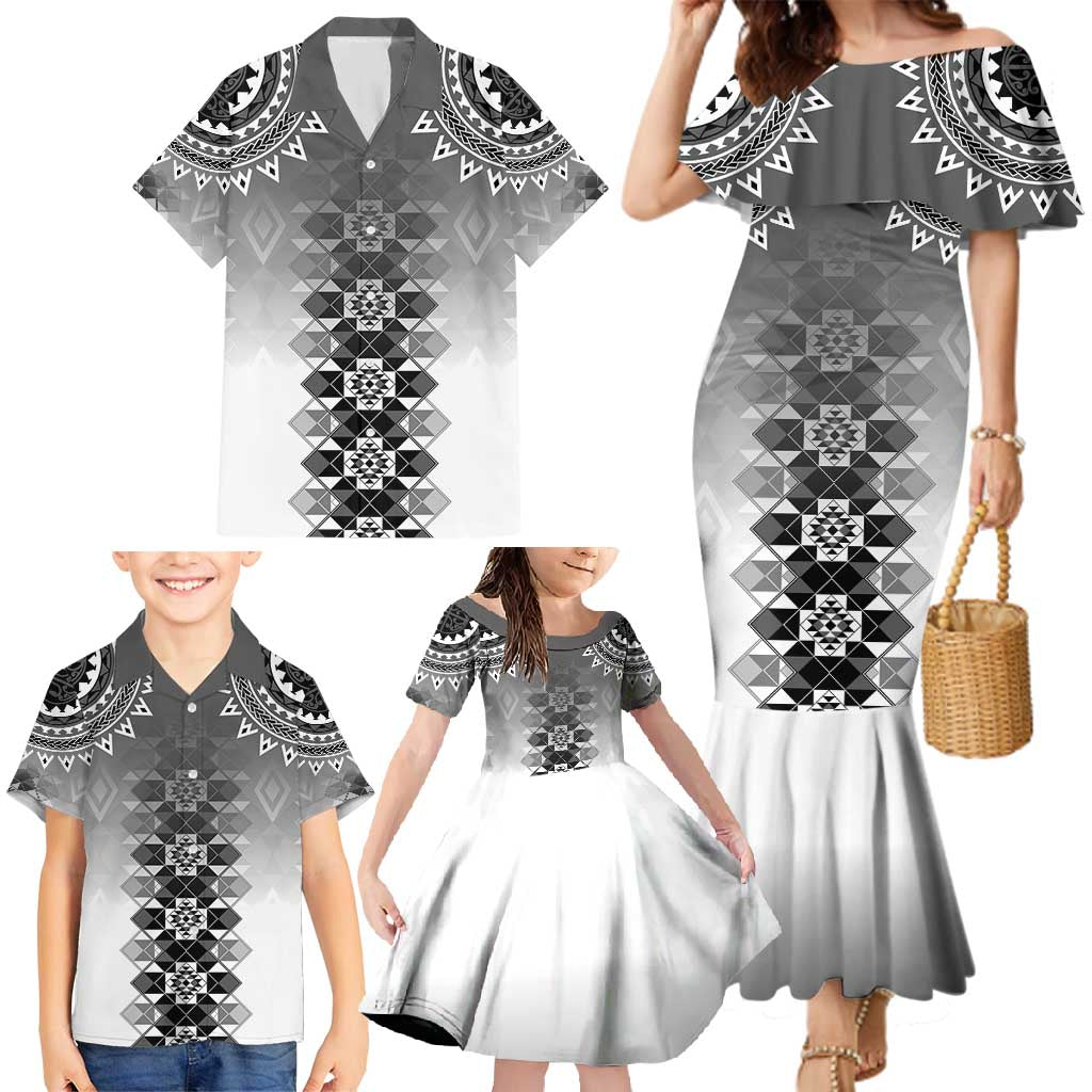 New Zealand Family Matching Mermaid Dress and Hawaiian Shirt Poutama Mix Gray Taniko Inspired Art LT05 - Polynesian Pride