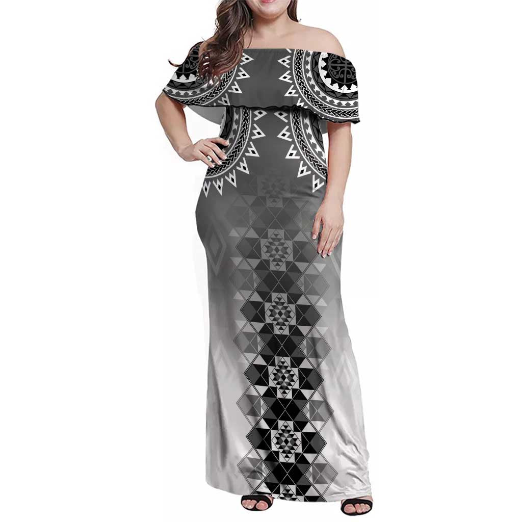 New Zealand Family Matching Off Shoulder Maxi Dress and Hawaiian Shirt Poutama Mix Gray Taniko Inspired Art LT05 Mom's Dress Gray - Polynesian Pride