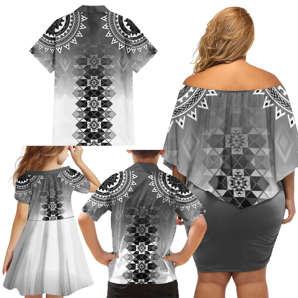 New Zealand Family Matching Off Shoulder Short Dress and Hawaiian Shirt Poutama Mix Gray Taniko Inspired Art LT05 - Polynesian Pride