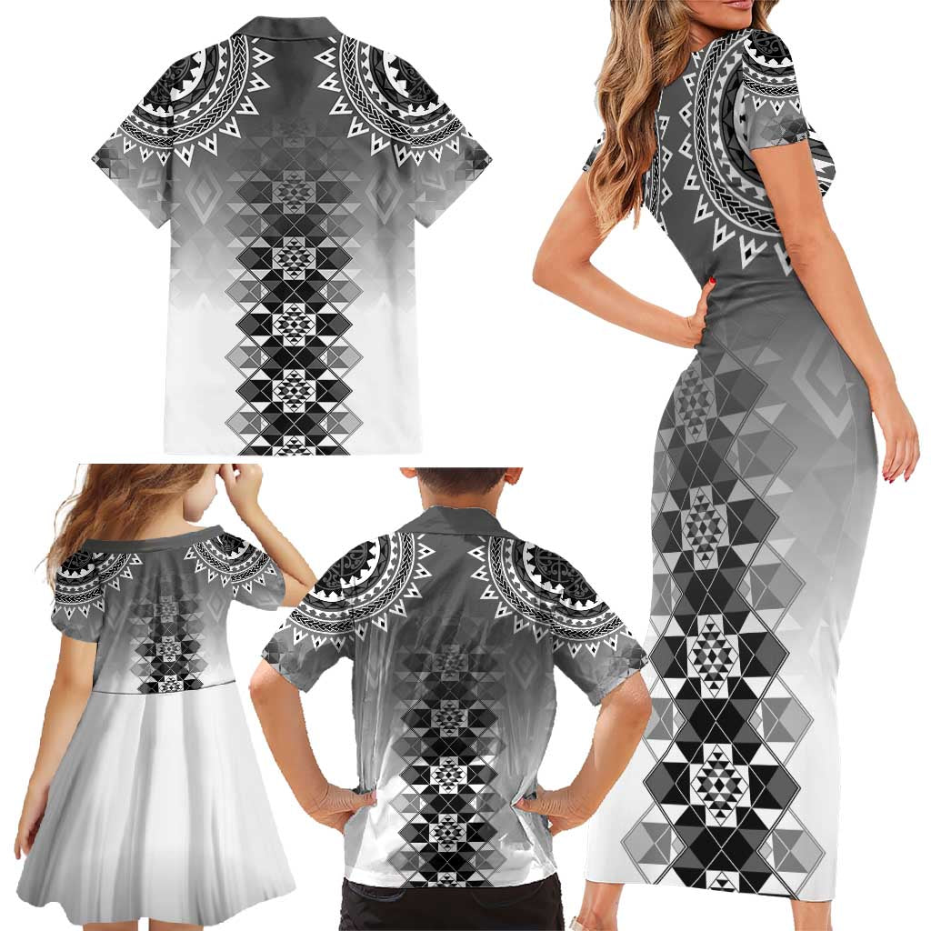 New Zealand Family Matching Short Sleeve Bodycon Dress and Hawaiian Shirt Poutama Mix Gray Taniko Inspired Art LT05 - Polynesian Pride