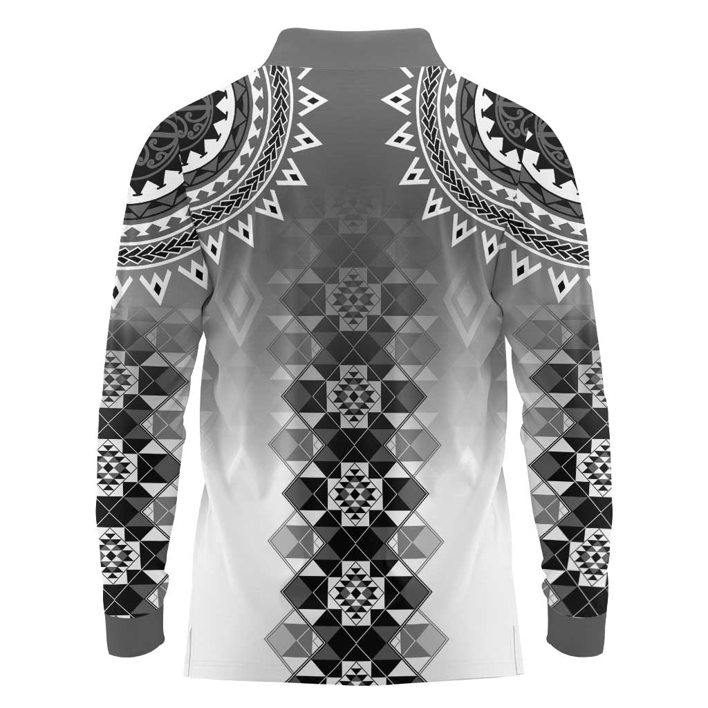 New Zealand Long Sleeve Polo Shirt Poutama Mix Gray Taniko Inspired Art LT05 - Polynesian Pride