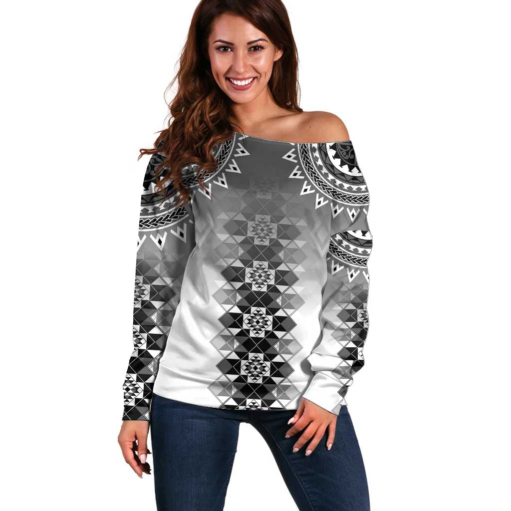 New Zealand Off Shoulder Sweater Poutama Mix Gray Taniko Inspired Art LT05