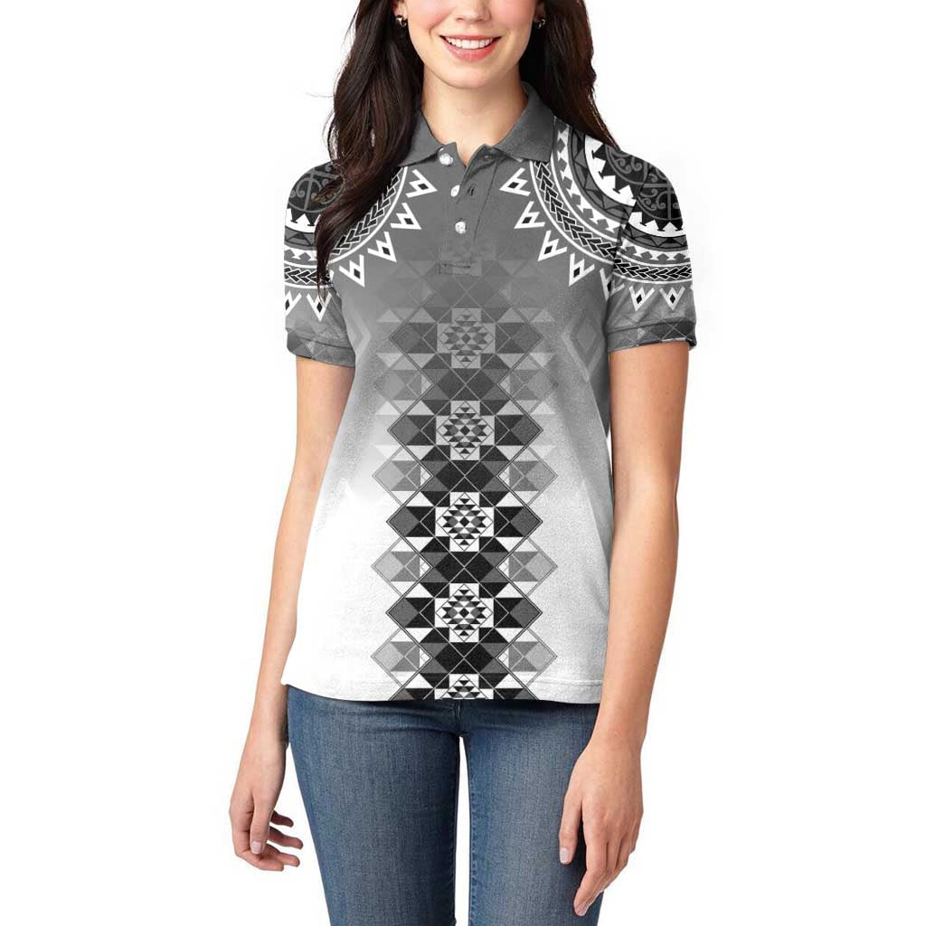 New Zealand Women Polo Shirt Poutama Mix Gray Taniko Inspired Art LT05