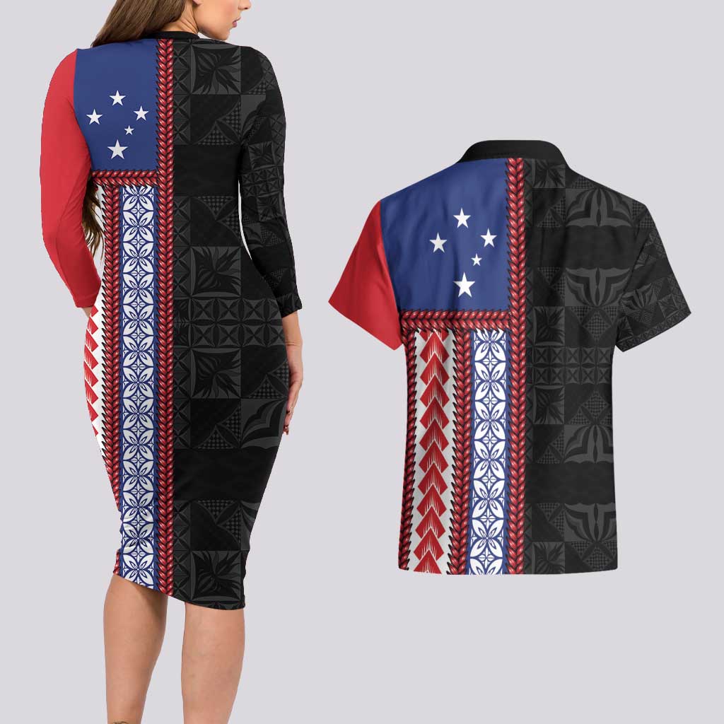Samoa Flag Couples Matching Long Sleeve Bodycon Dress and Hawaiian Shirt Ula Fala With Samoan Siapo - Polynesian Pride
